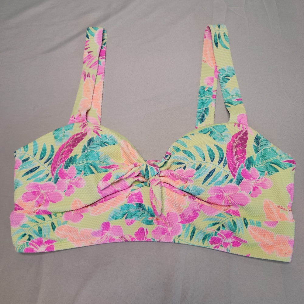 Island Soul Bikini Top Women XL Green Floral Tropical Knot Fron Swimwear